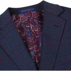 English Laundry Blue & Burgundy Houndstooth Plaid Slim Fit Notch Lapel Two button Stretch Suit
