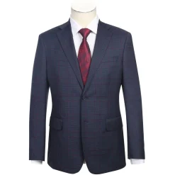 English Laundry Blue & Burgundy Houndstooth Plaid Slim Fit Notch Lapel Two button Stretch Suit