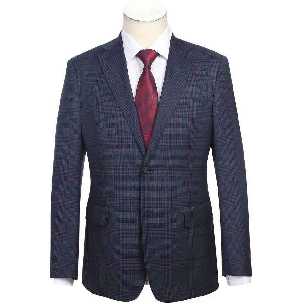 English Laundry Blue & Burgundy Houndstooth Plaid Slim Fit Notch Lapel Two button Stretch Suit
