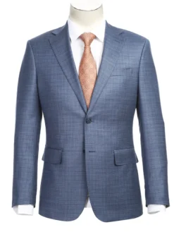 English Laundry Blue Check Slim Fit Notch Lapel Wool Blend Stretch 2 Button Suit