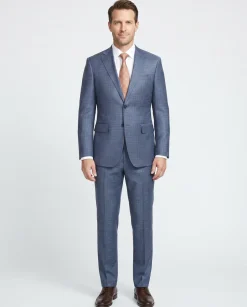 English Laundry Blue Check Slim Fit Notch Lapel Wool Blend Stretch 2 Button Suit