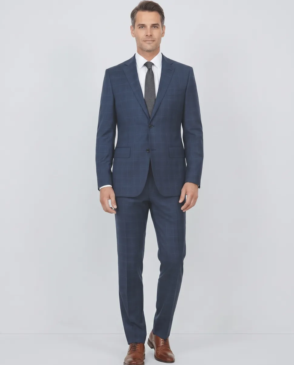 English Laundry Blue Plaid Slim Fit Notch Lapel Stretch 2 Button Suit
