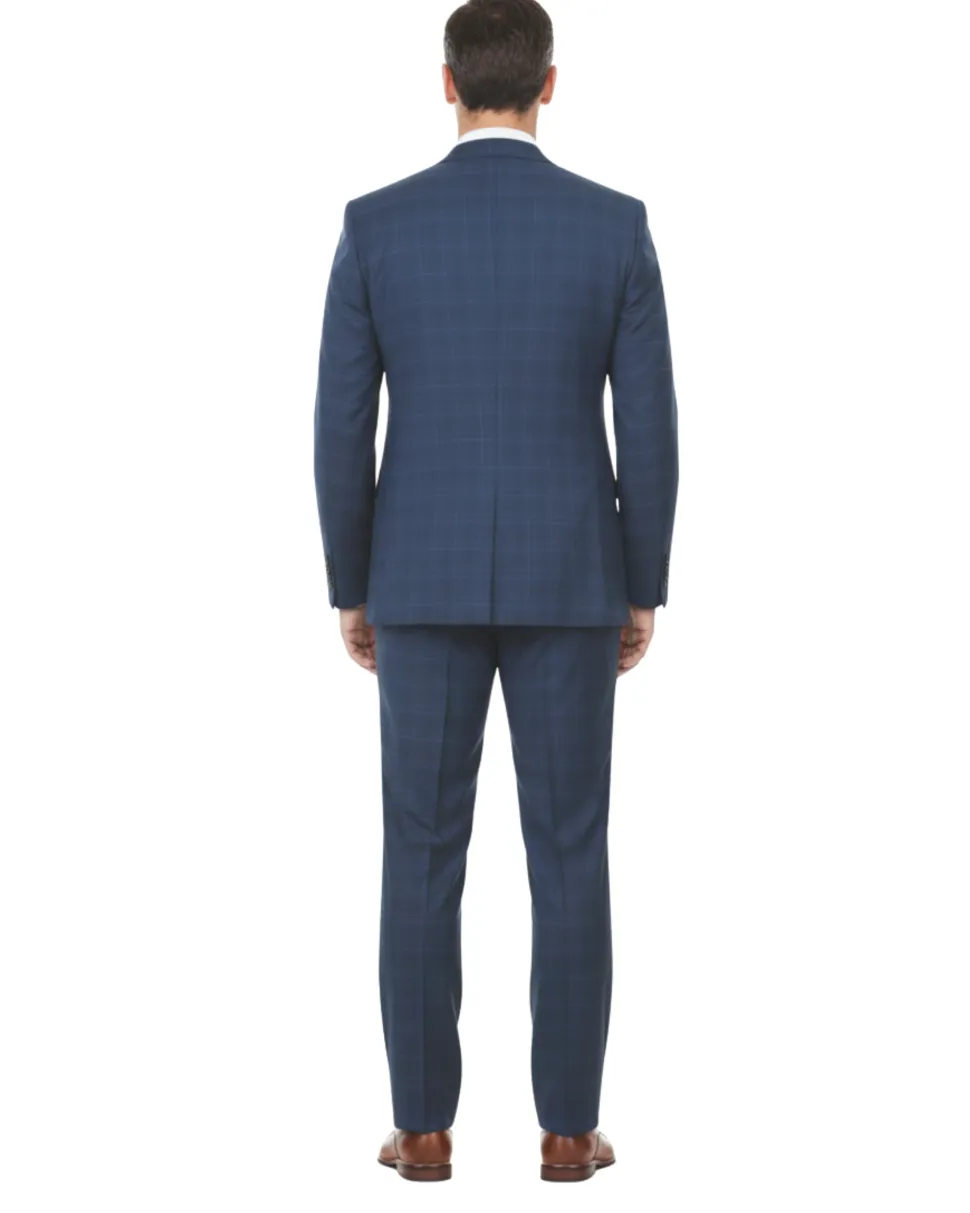 English Laundry Blue Plaid Slim Fit Notch Lapel Stretch 2 Button Suit