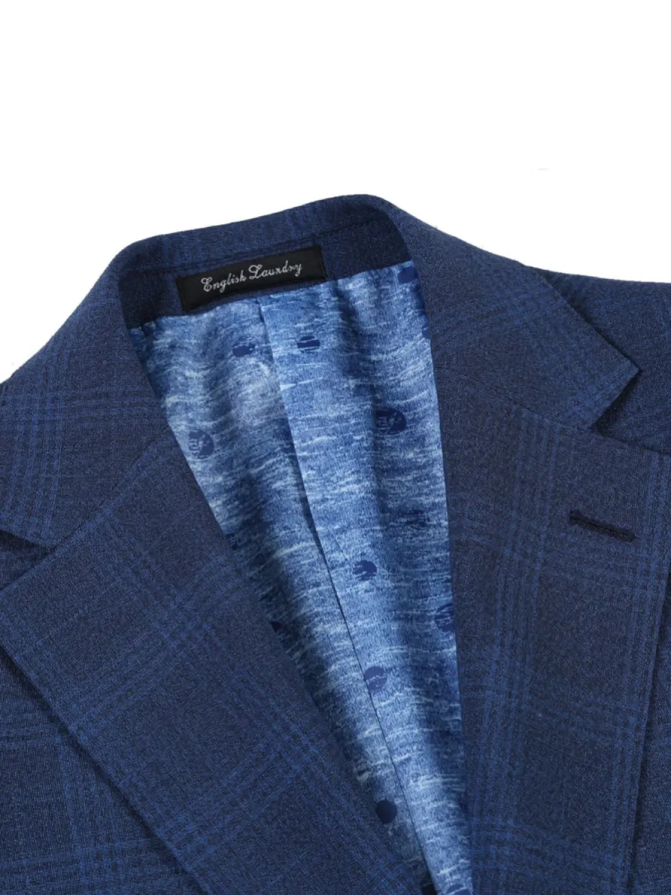 English Laundry Blue Plaid Slim Fit Notch Lapel Stretch Wool Blend 2 Button Suit