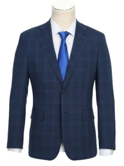 English Laundry Blue Plaid Slim Fit Notch Lapel Stretch Wool Blend 2 Button Suit