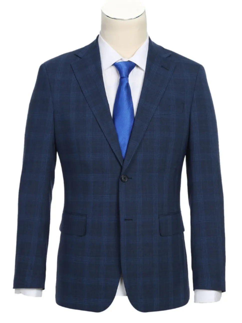 English Laundry Blue Plaid Slim Fit Notch Lapel Stretch Wool Blend 2 Button Suit