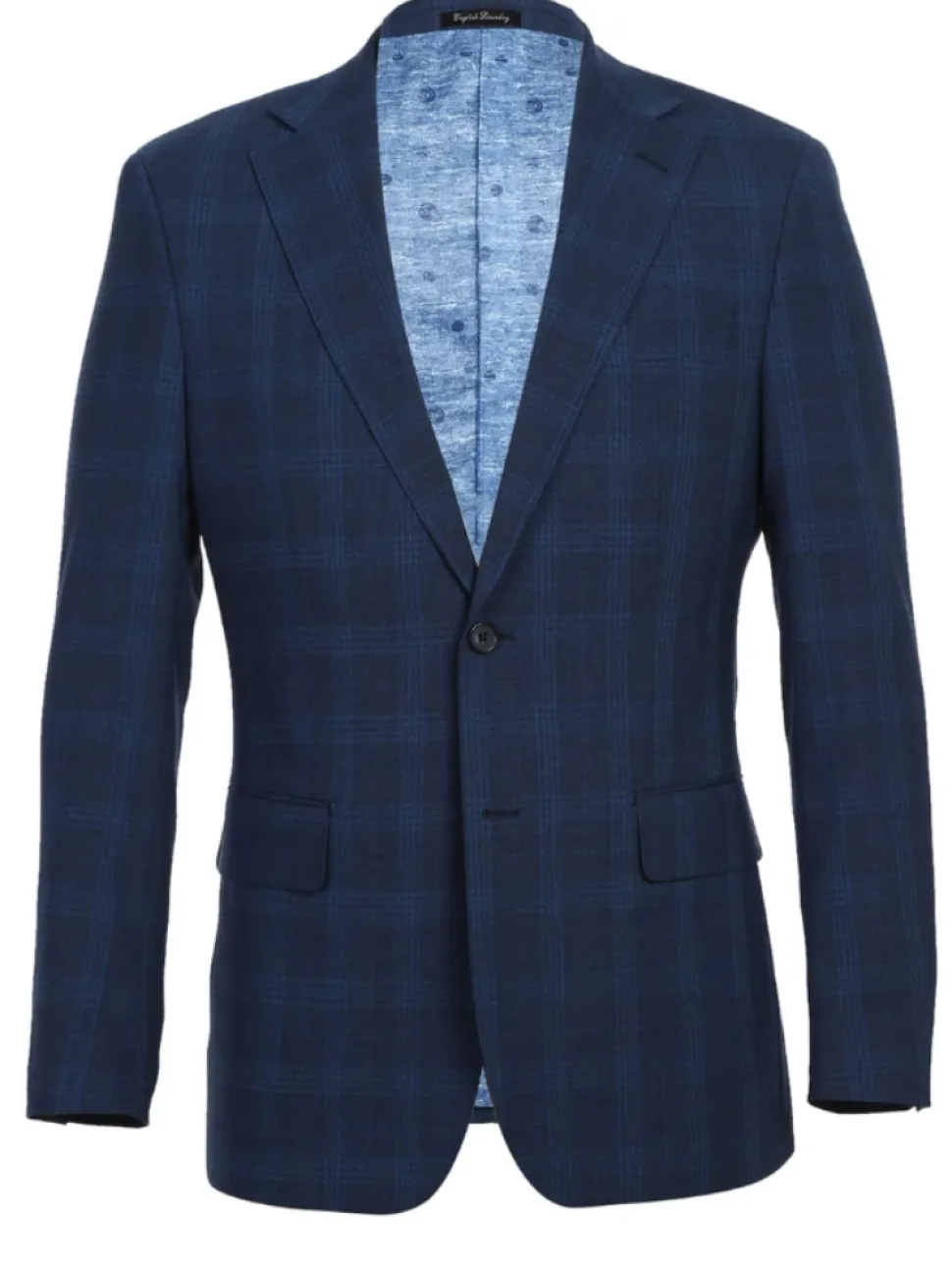 English Laundry Blue Plaid Slim Fit Notch Lapel Stretch Wool Blend 2 Button Suit
