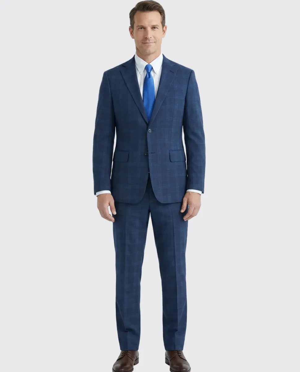 English Laundry Blue Plaid Slim Fit Notch Lapel Stretch Wool Blend 2 Button Suit