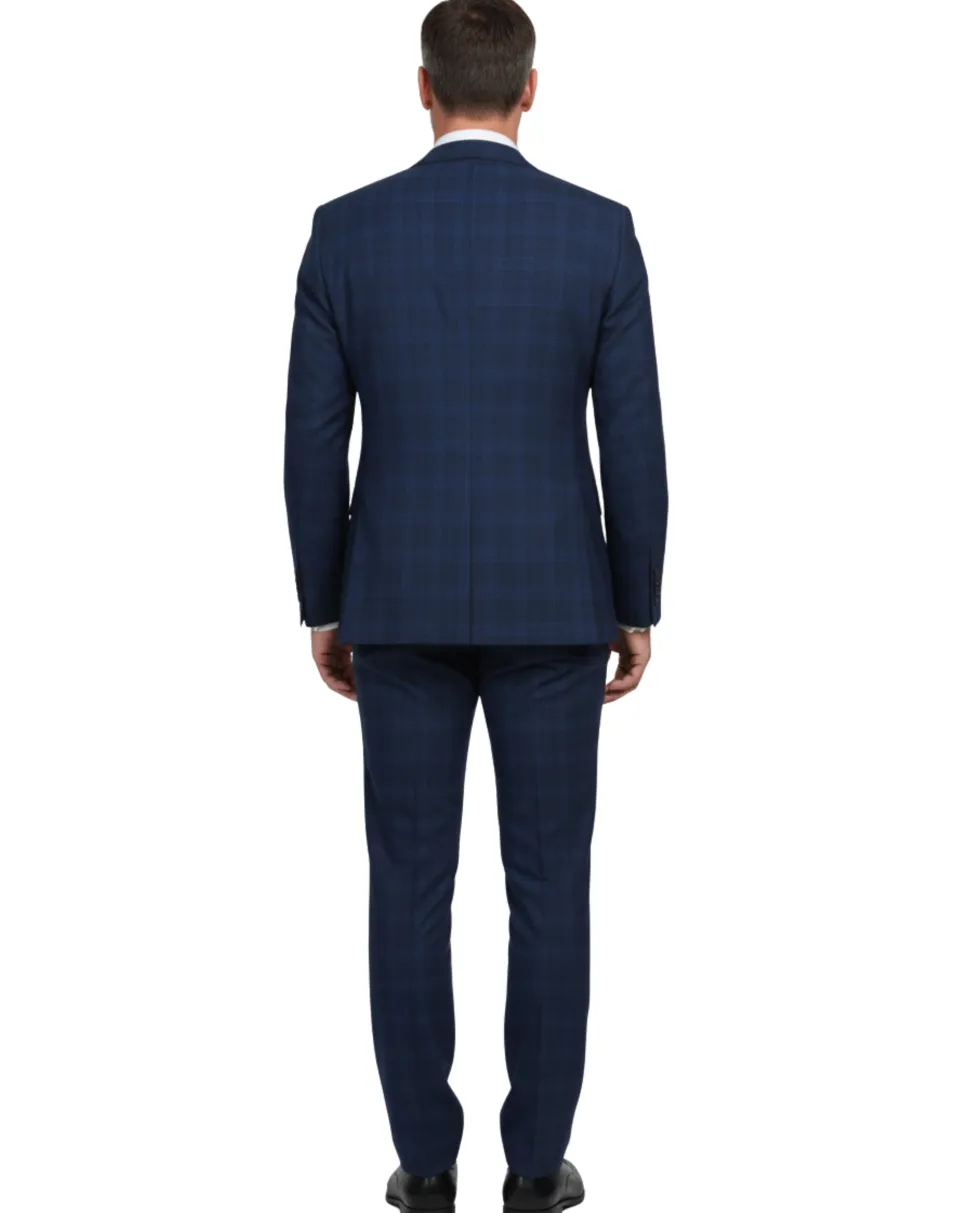 English Laundry Blue Plaid Slim Fit Notch Lapel Stretch Wool Blend 2 Button Suit