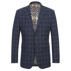 English Laundry Blue & Tan Windowpane Slim Fit Notch Lapel 2 Button Stretch Suit
