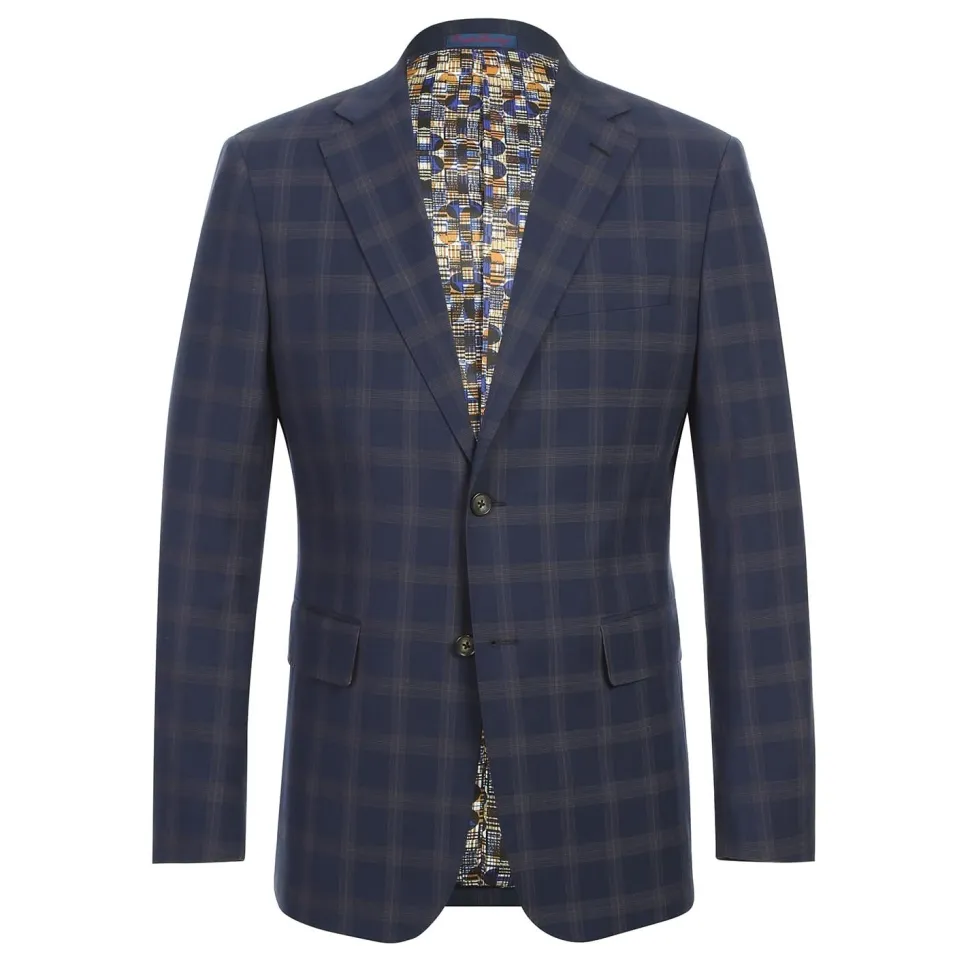 English Laundry Blue & Tan Windowpane Slim Fit Notch Lapel 2 Button Stretch Suit