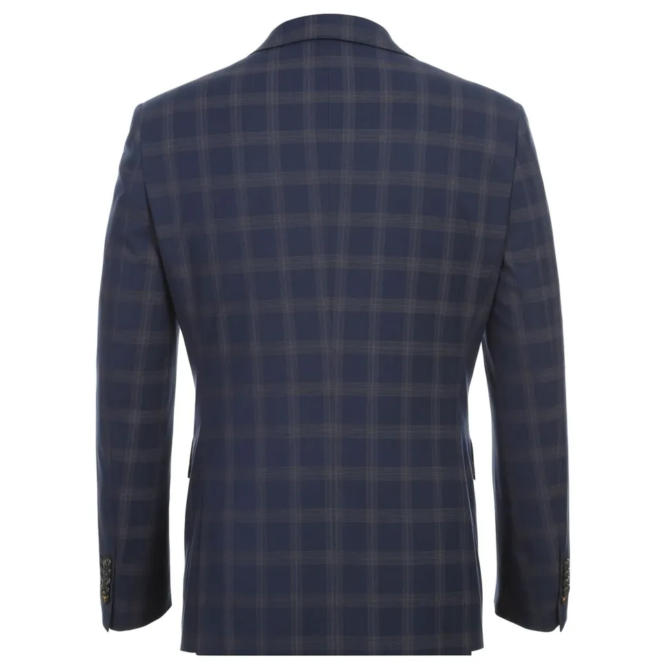 English Laundry Blue & Tan Windowpane Slim Fit Notch Lapel 2 Button Stretch Suit