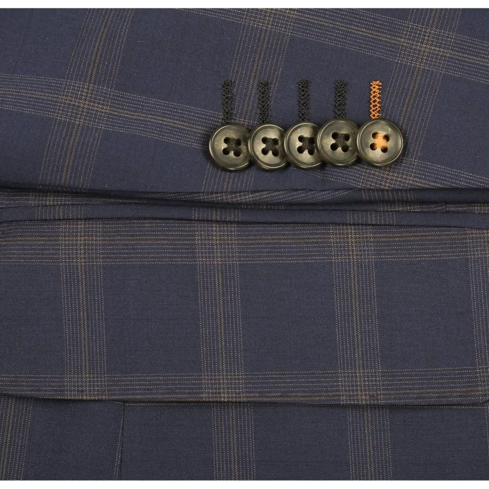 English Laundry Blue & Tan Windowpane Slim Fit Notch Lapel 2 Button Stretch Suit