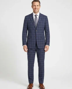 English Laundry Blue & Tan Windowpane Slim Fit Notch Lapel 2 Button Stretch Suit