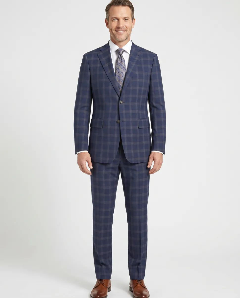 English Laundry Blue & Tan Windowpane Slim Fit Notch Lapel 2 Button Stretch Suit