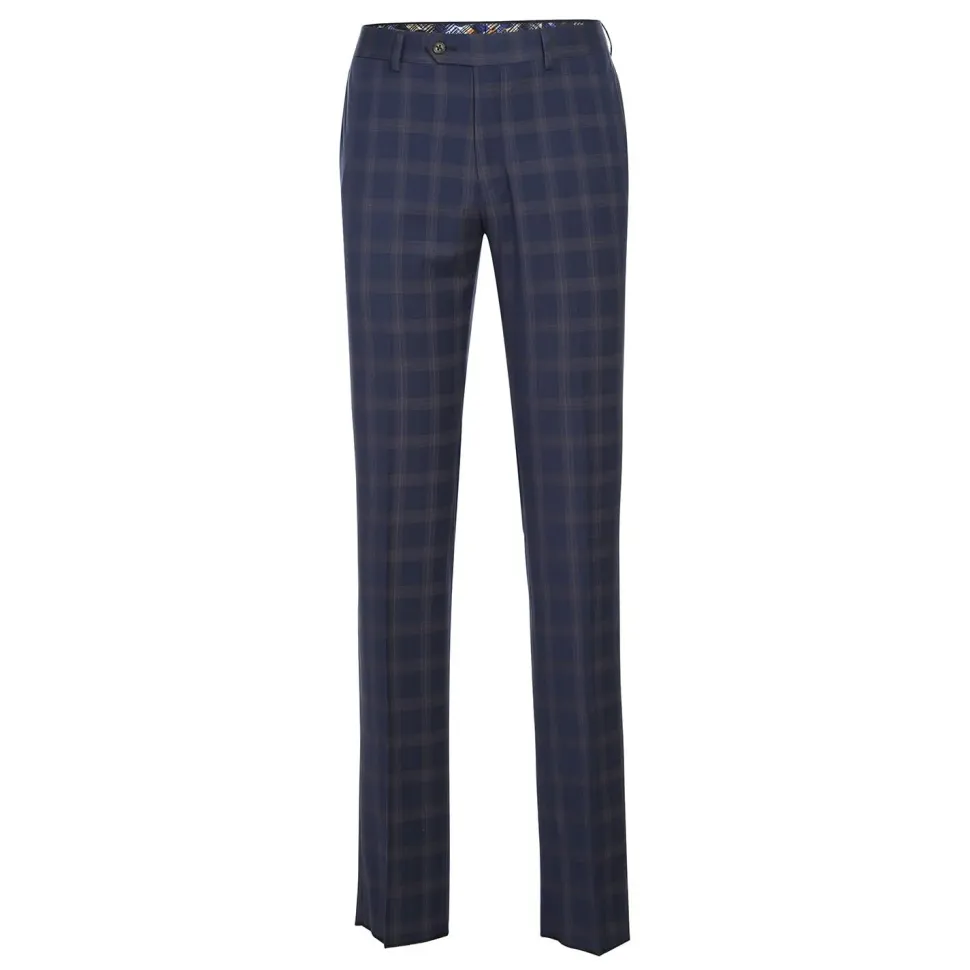 English Laundry Blue & Tan Windowpane Slim Fit Notch Lapel 2 Button Stretch Suit