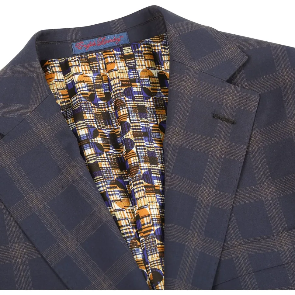 English Laundry Blue & Tan Windowpane Slim Fit Notch Lapel 2 Button Stretch Suit