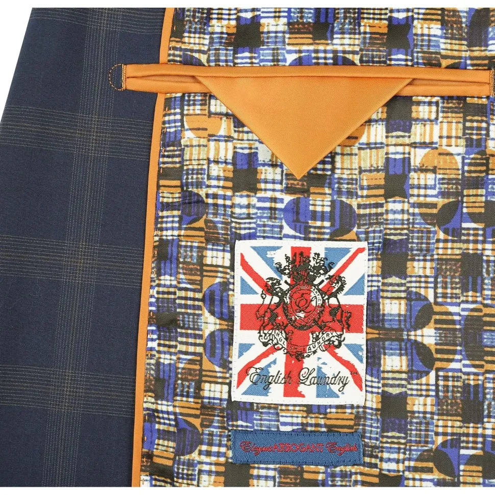 English Laundry Blue & Tan Windowpane Slim Fit Notch Lapel 2 Button Stretch Suit