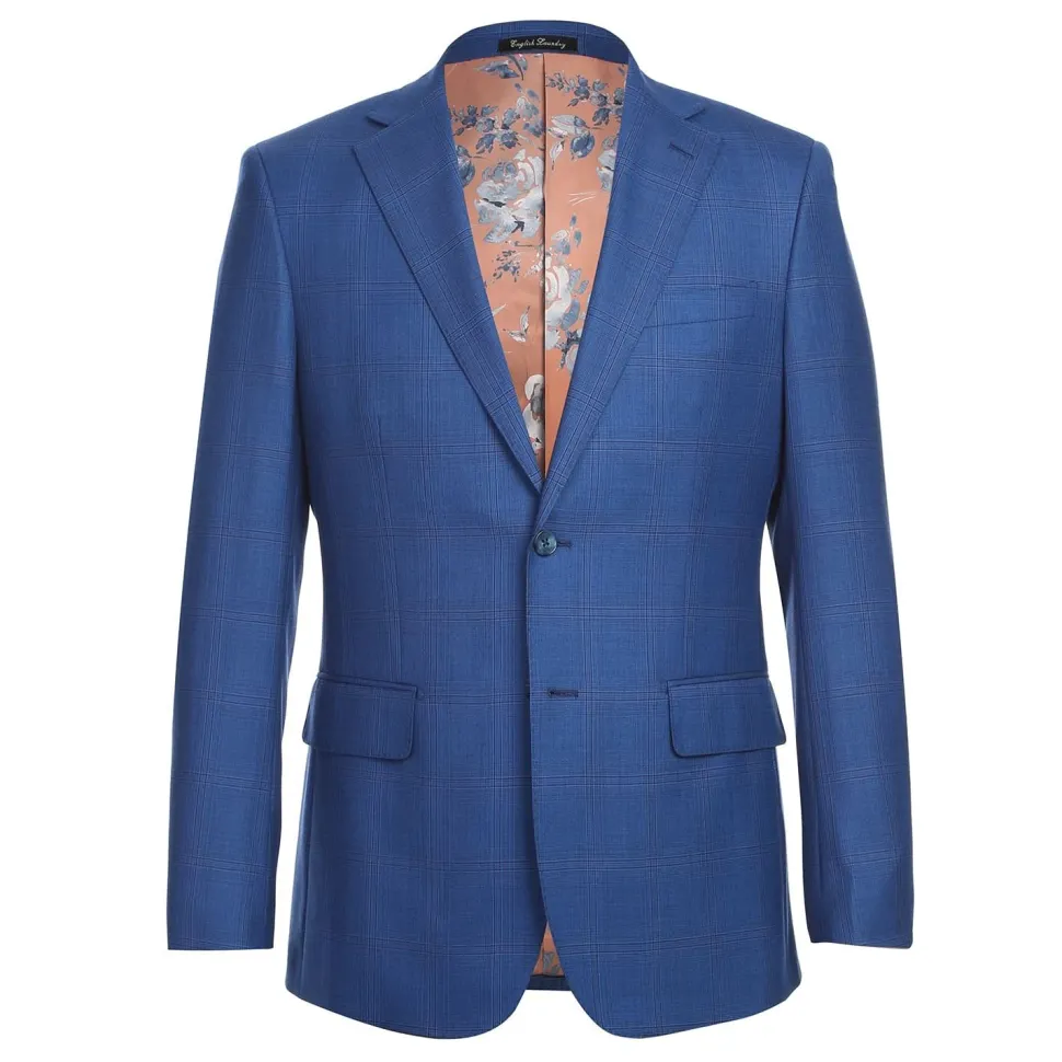 English Laundry Blue Tonal Windowpane Slim Fit Notch Lapel 2 Button Wool Suit