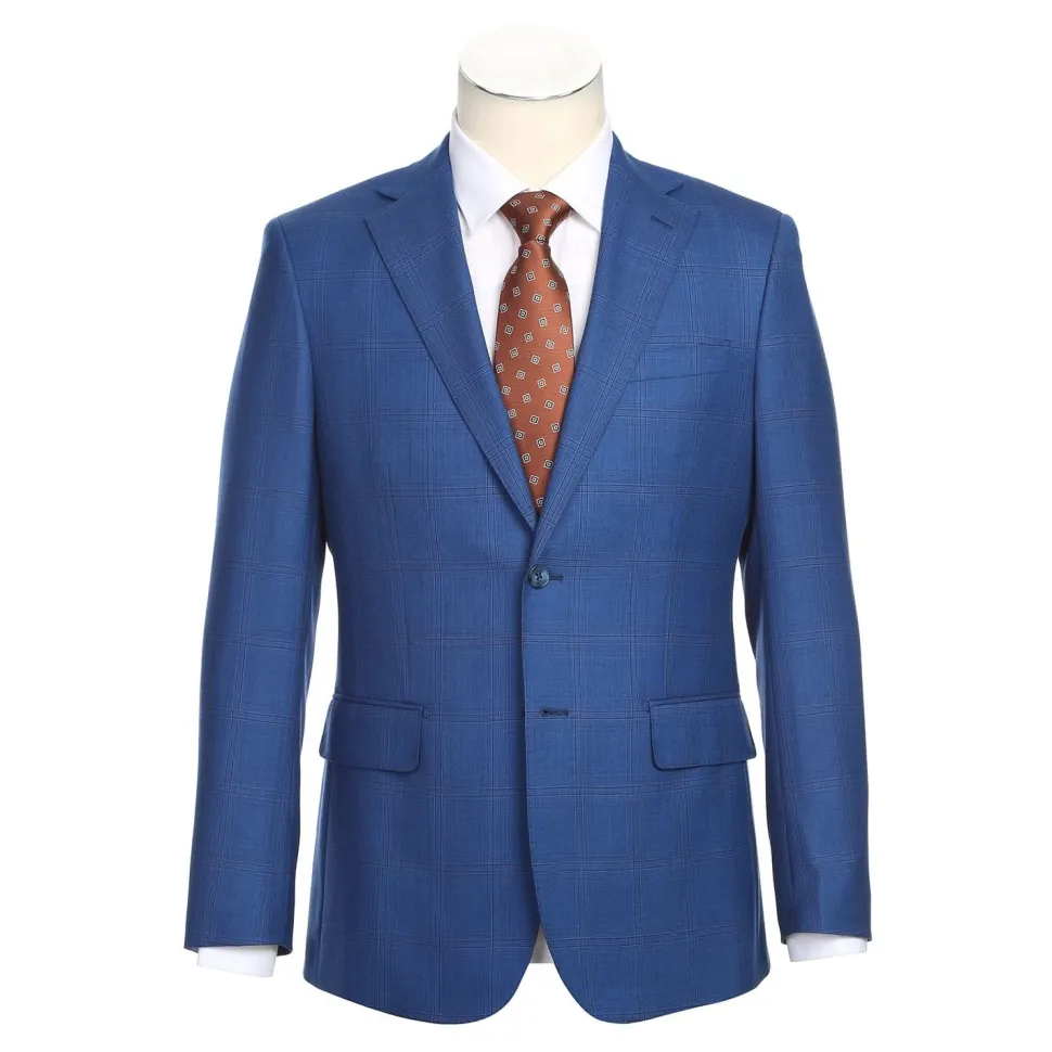 English Laundry Blue Tonal Windowpane Slim Fit Notch Lapel 2 Button Wool Suit