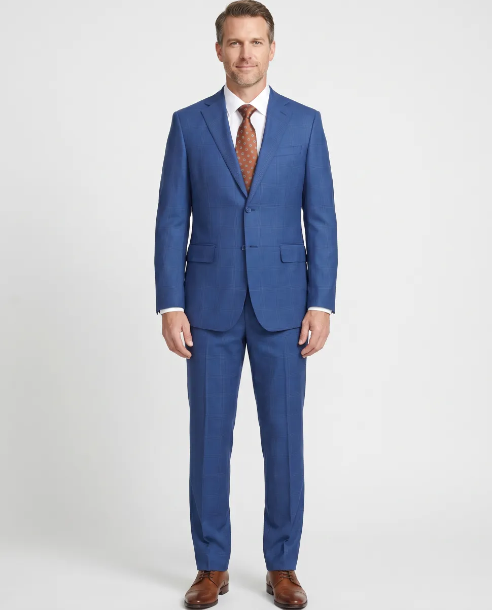 English Laundry Blue Tonal Windowpane Slim Fit Notch Lapel 2 Button Wool Suit