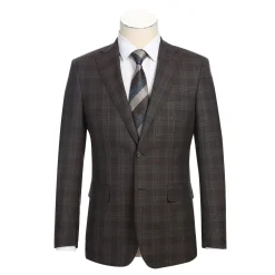 English Laundry Brown Tonal Plaid Slim Fit Peak Lapel 2-Button Wool Suit