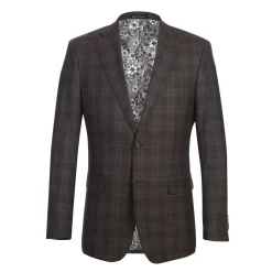 English Laundry Brown Tonal Plaid Slim Fit Peak Lapel 2-Button Wool Suit