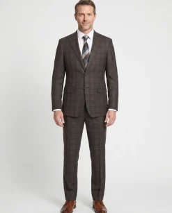English Laundry Brown Tonal Plaid Slim Fit Peak Lapel 2-Button Wool Suit