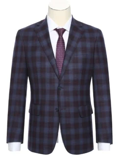 English Laundry Burgundy And Navy Plaid Slim Fit Notch Lapel Stretch Wool Suit