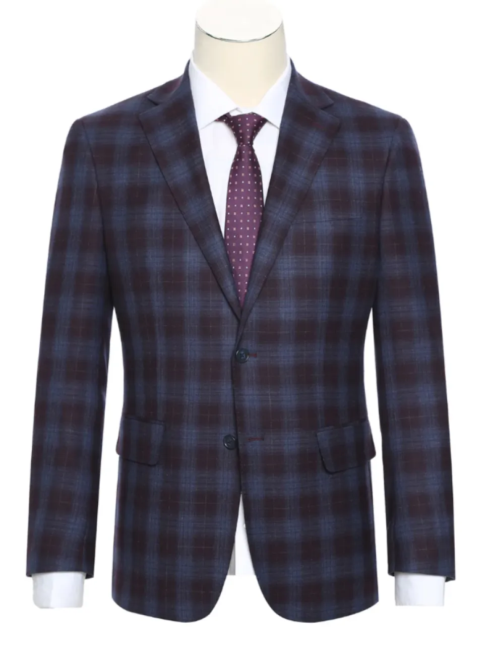 English Laundry Burgundy And Navy Plaid Slim Fit Notch Lapel Stretch Wool Suit