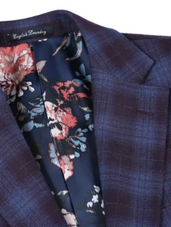 English Laundry Burgundy And Navy Plaid Slim Fit Notch Lapel Stretch Wool Suit