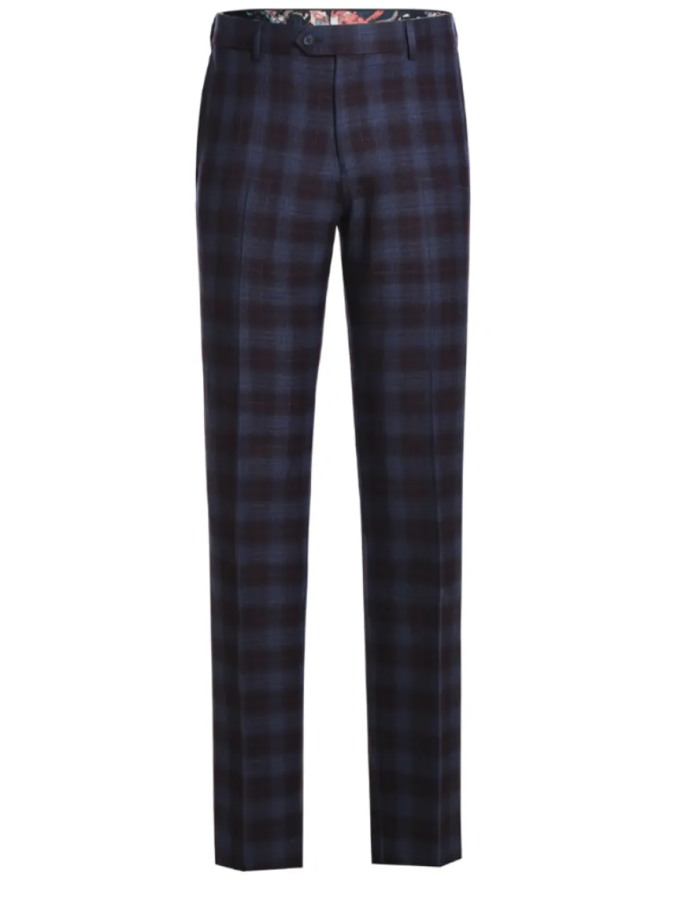 English Laundry Burgundy And Navy Plaid Slim Fit Notch Lapel Stretch Wool Suit