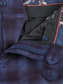 English Laundry Burgundy And Navy Plaid Slim Fit Notch Lapel Stretch Wool Suit
