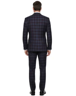 English Laundry Burgundy And Navy Plaid Slim Fit Notch Lapel Stretch Wool Suit