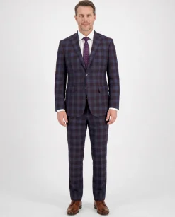 English Laundry Burgundy And Navy Plaid Slim Fit Notch Lapel Stretch Wool Suit
