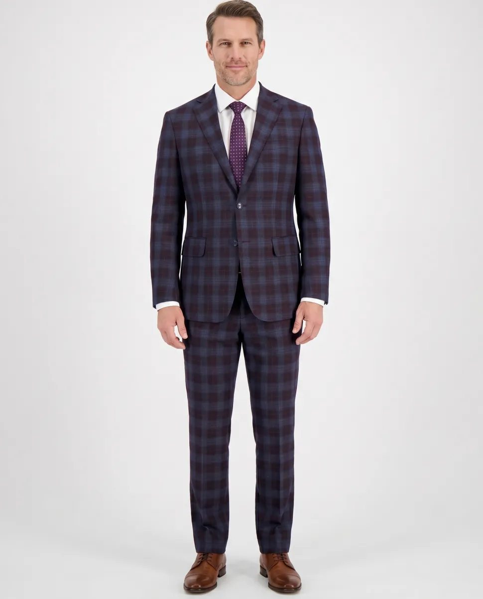 English Laundry Burgundy And Navy Plaid Slim Fit Notch Lapel Stretch Wool Suit