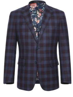 English Laundry Burgundy And Navy Plaid Slim Fit Notch Lapel Stretch Wool Suit