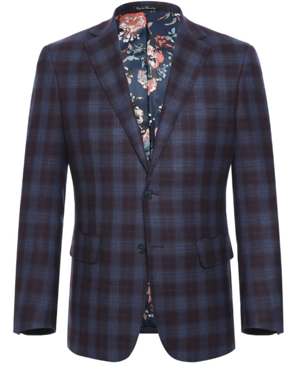English Laundry Burgundy And Navy Plaid Slim Fit Notch Lapel Stretch Wool Suit
