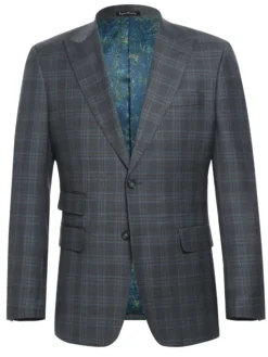 English Laundry Charcoal Gray Plaid Slim Fit Peak Lapel Wool Blend Stretch 2 Button Suit