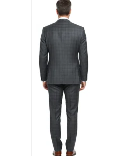 English Laundry Charcoal Gray Plaid Slim Fit Peak Lapel Wool Blend Stretch 2 Button Suit