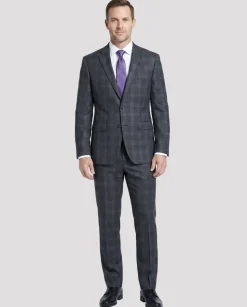 English Laundry Charcoal Gray Plaid Slim Fit Peak Lapel Wool Blend Stretch 2 Button Suit
