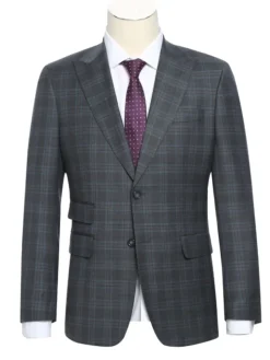 English Laundry Charcoal Gray Plaid Slim Fit Peak Lapel Wool Blend Stretch 2 Button Suit