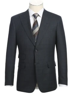 English Laundry Dark Navy Check Slim Fit Peak Lapel 2-Button Wool Suit