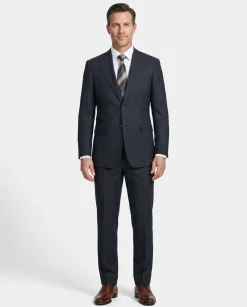 English Laundry Dark Navy Check Slim Fit Peak Lapel 2-Button Wool Suit