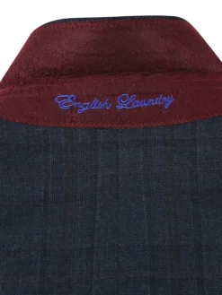 English Laundry Dark Navy Check Slim Fit Peak Lapel 2-Button Wool Suit