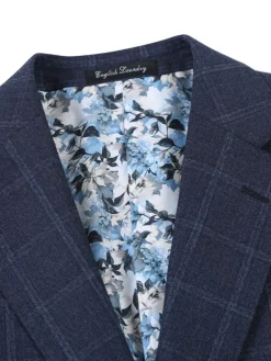 English Laundry Dark Navy Check Windowpane Slim Fit Notch Lapel Wool Suit