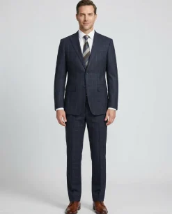 English Laundry Dark Navy Check Windowpane Slim Fit Notch Lapel Wool Suit