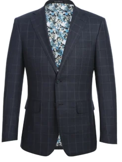 English Laundry Dark Navy Check Windowpane Slim Fit Notch Lapel Wool Suit