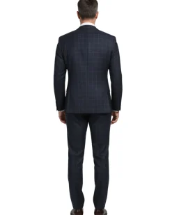 English Laundry Dark Navy Check Windowpane Slim Fit Notch Lapel Wool Suit