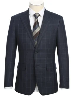 English Laundry Dark Navy Check Windowpane Slim Fit Notch Lapel Wool Suit